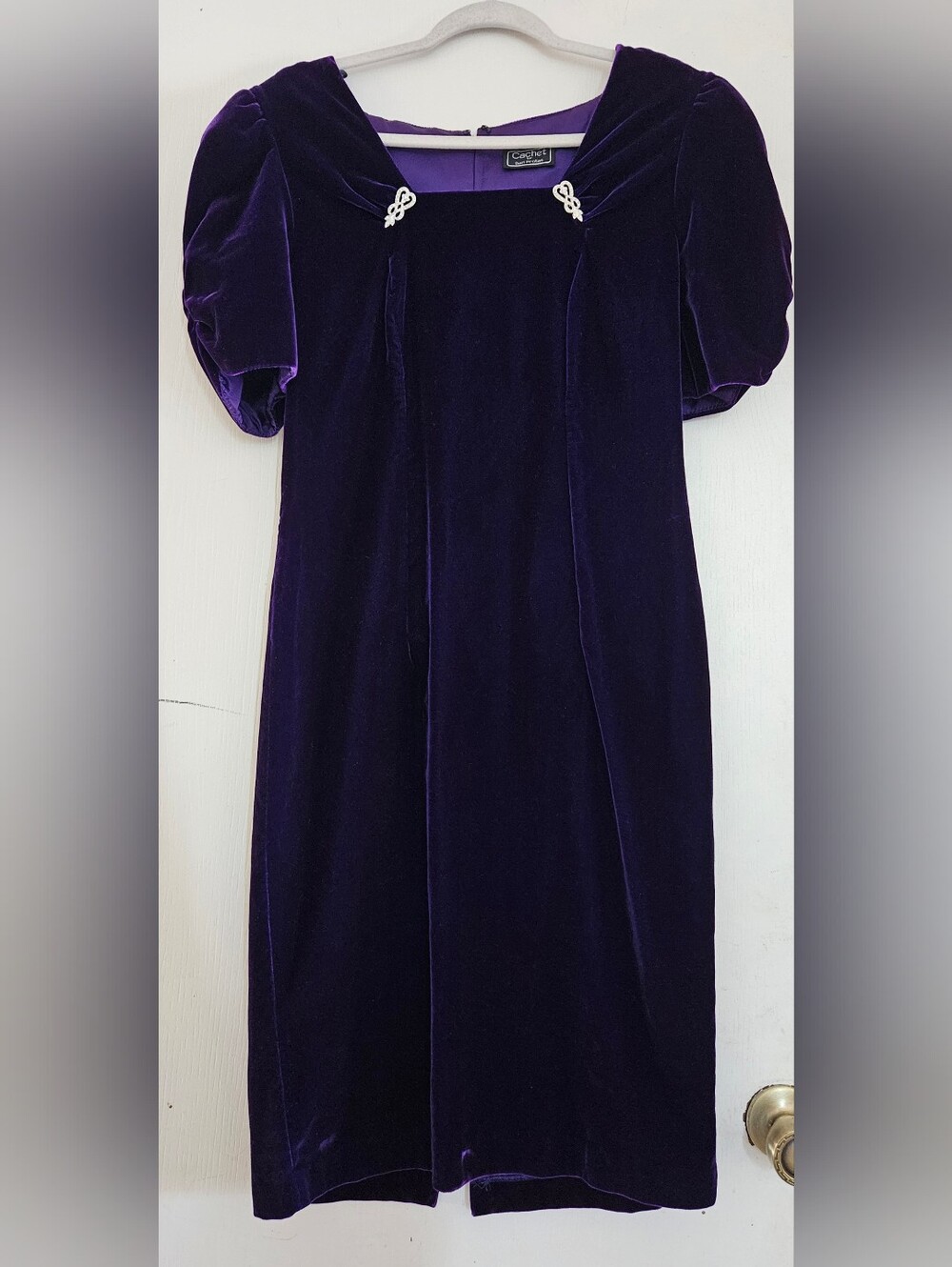 Vintage Cachet by Bari Protas Purple Velvet Jeweled Puff Sleeve Midi Dress 9/10